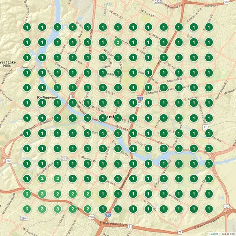 After: Roofing contractor in Austin, TX, Google Maps ranking grid mostly green