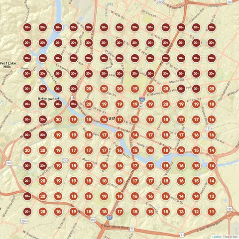 Before: Roofing contractor in Austin, TX, Google Maps ranking grid mostly red