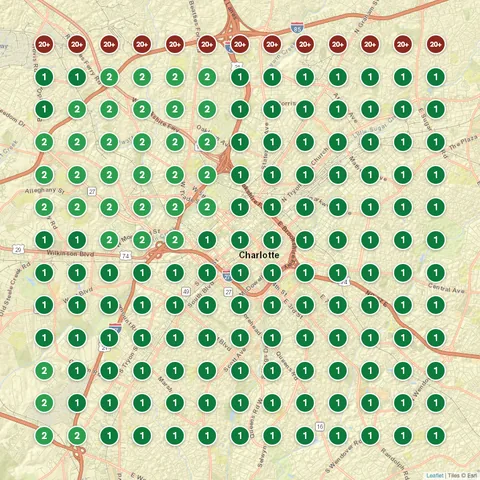 After: Painting contractor in Charlotte, NC, Google Maps ranking grid mostly green