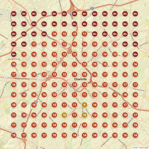 Before: Painting contractor in Charlotte, NC, Google Maps ranking grid mostly red