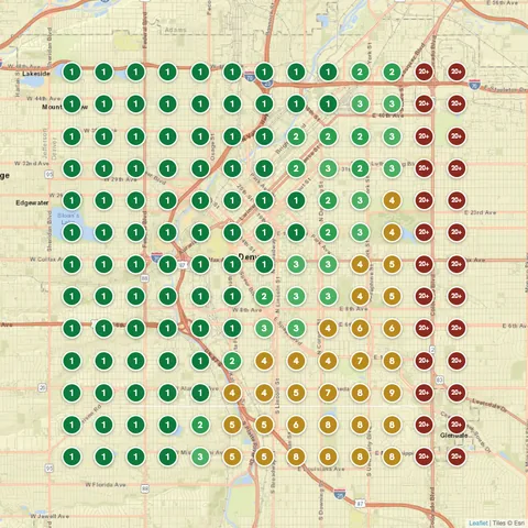 After: Painting contractor in Denver, CO, Google Maps ranking grid mostly green