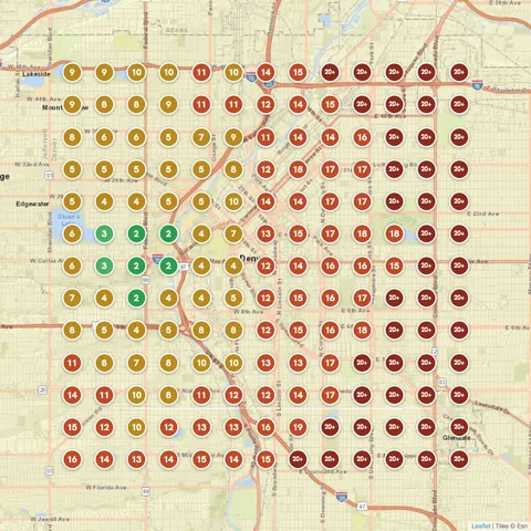 Before: Painting contractor in Denver, CO, Google Maps ranking grid mostly red