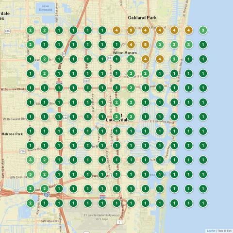 After: Pressure washing in Fort Lauderdale, FL, Google Maps ranking grid mostly green