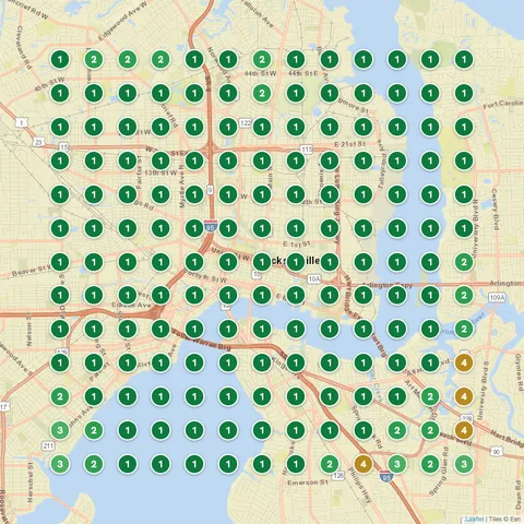 After: Roofing contractor in Jacksonville, FL, Google Maps ranking grid mostly green