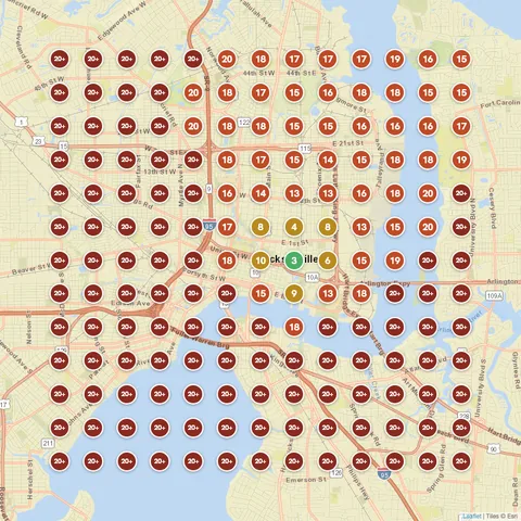 Before: Roofing contractor in Jacksonville, FL, Google Maps ranking grid mostly red