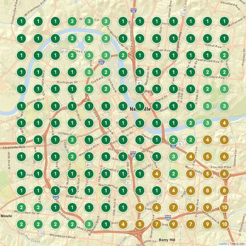 After: Roofing contractor in Nashville, TN, Google Maps ranking grid mostly green