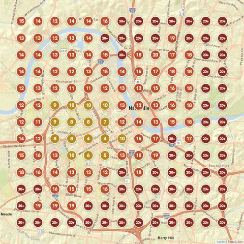 Before: Roofing contractor in Nashville, TN, Google Maps ranking grid mostly red