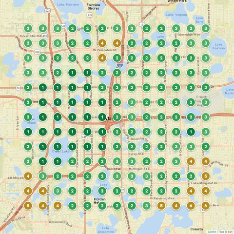 After: HVAC repair in Orlando, FL, Google Maps ranking grid mostly green