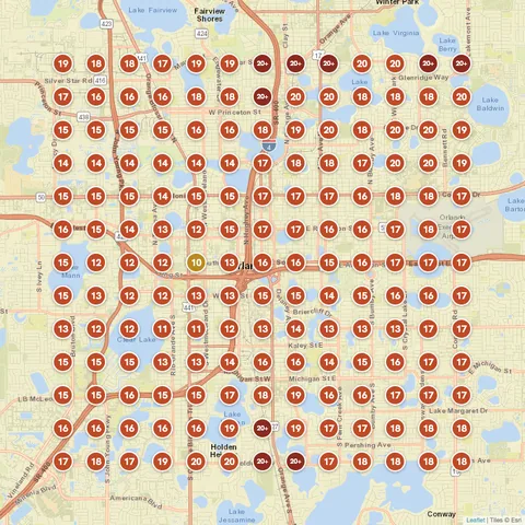 Before: HVAC repair in Orlando, FL, Google Maps ranking grid mostly red