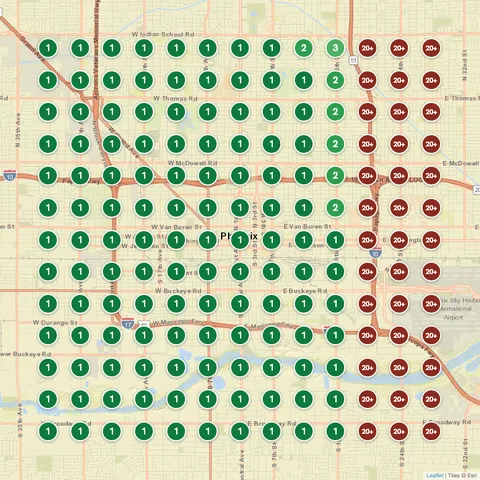 After: Garage door repair in Phoenix, AZ, Google Maps ranking grid mostly green