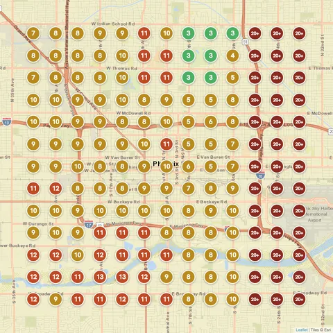 Before: Garage door repair in Phoenix, AZ, Google Maps ranking grid mostly red