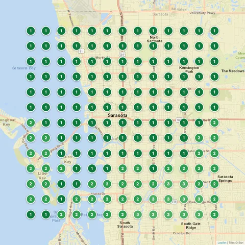 After: Pool service in Sarasota, FL, Google Maps ranking grid mostly green