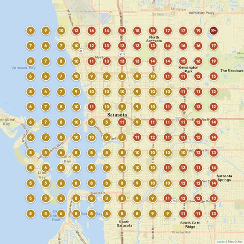 Before: Pool service in Sarasota, FL, Google Maps ranking grid mostly red