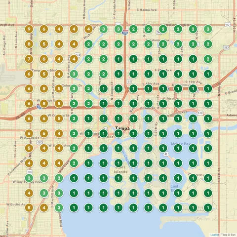 After: Plumber in Tampa, FL, Google Maps ranking grid mostly green