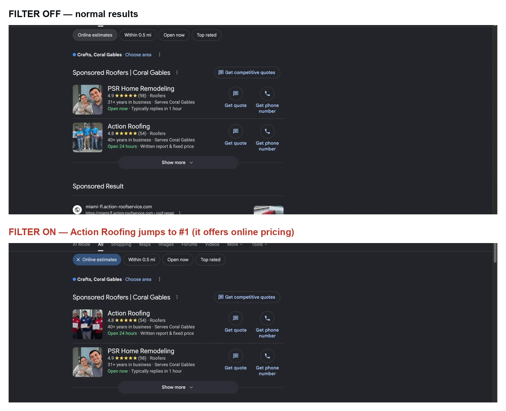 The same roofing search with the Online estimates filter off and on; Action Roofing, which offers online pricing, jumps from second to first when the filter is applied