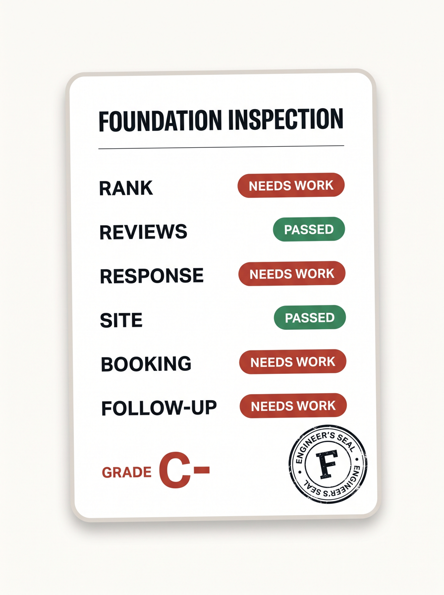 Sample Foundation Inspection report: Rank needs work, Reviews passed, Response needs work, Site passed, Booking needs work, Follow-up needs work, overall grade C minus, stamped with the engineer's seal