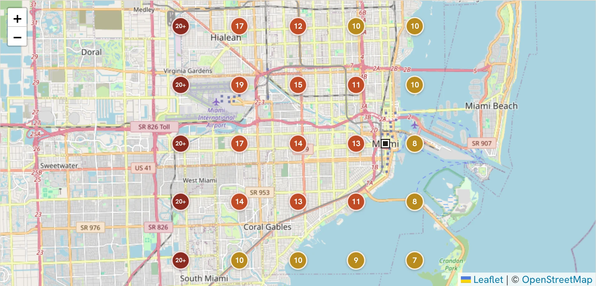 Before: ranking audit map of Miami for Solaris, most pins ranked 7 to 20 or not in the top 20