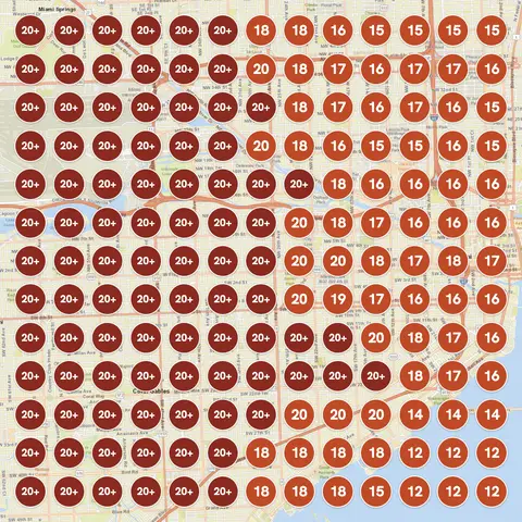 Miami Google Maps ranking grid for Solaris Solar Cleaning going from red, ranked 20 plus everywhere, to green, ranked 1 to 3 everywhere