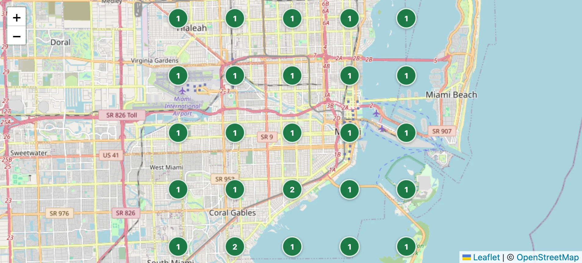 After: live ranking audit map of Miami, 23 of 25 pins at rank 1 for solar panel cleaning miami, for our client Solaris