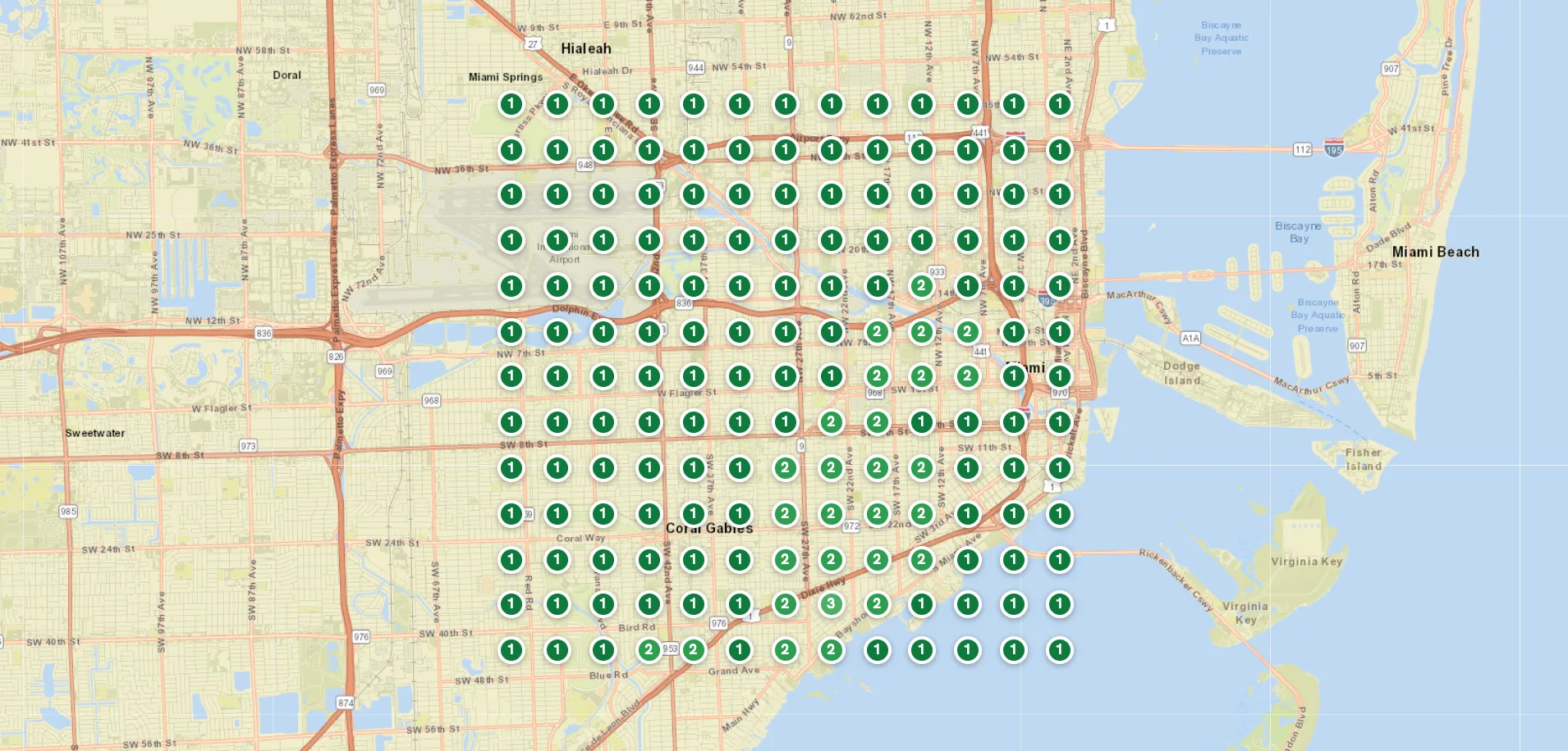 After: Miami ranking map for Solaris, 169 of 169 zones in the top 3 and 141 at rank 1 for solar panel cleaning miami